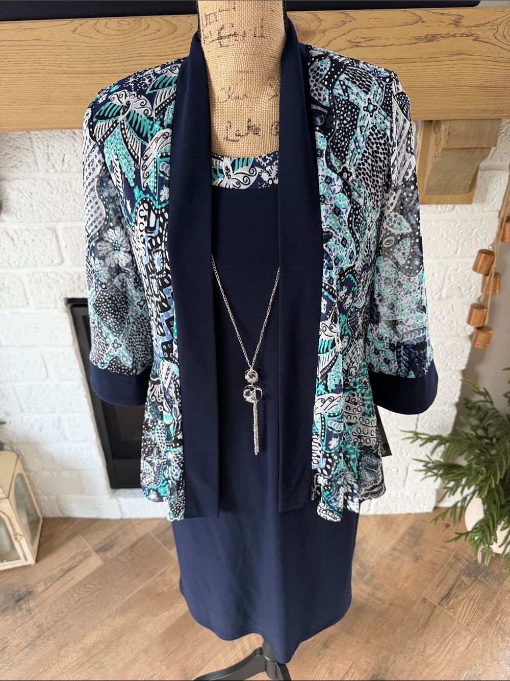 R&M Richards Navy Dress with Teal & Aqua Printed Jacket